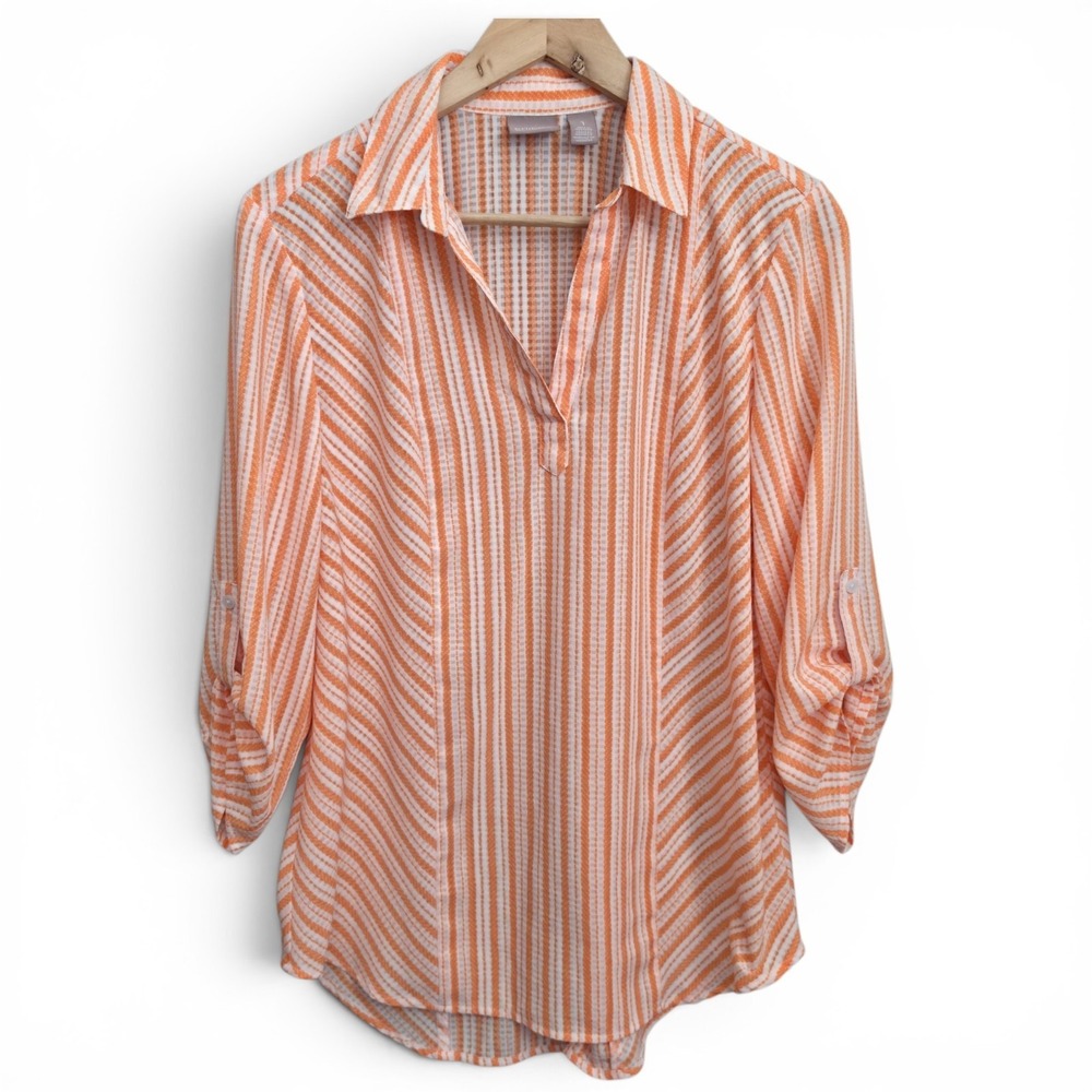 Chicos Top Womens 1 US Medium‎ Orange Striped Semi Sheer Roll Tab Sleeve Blouse
